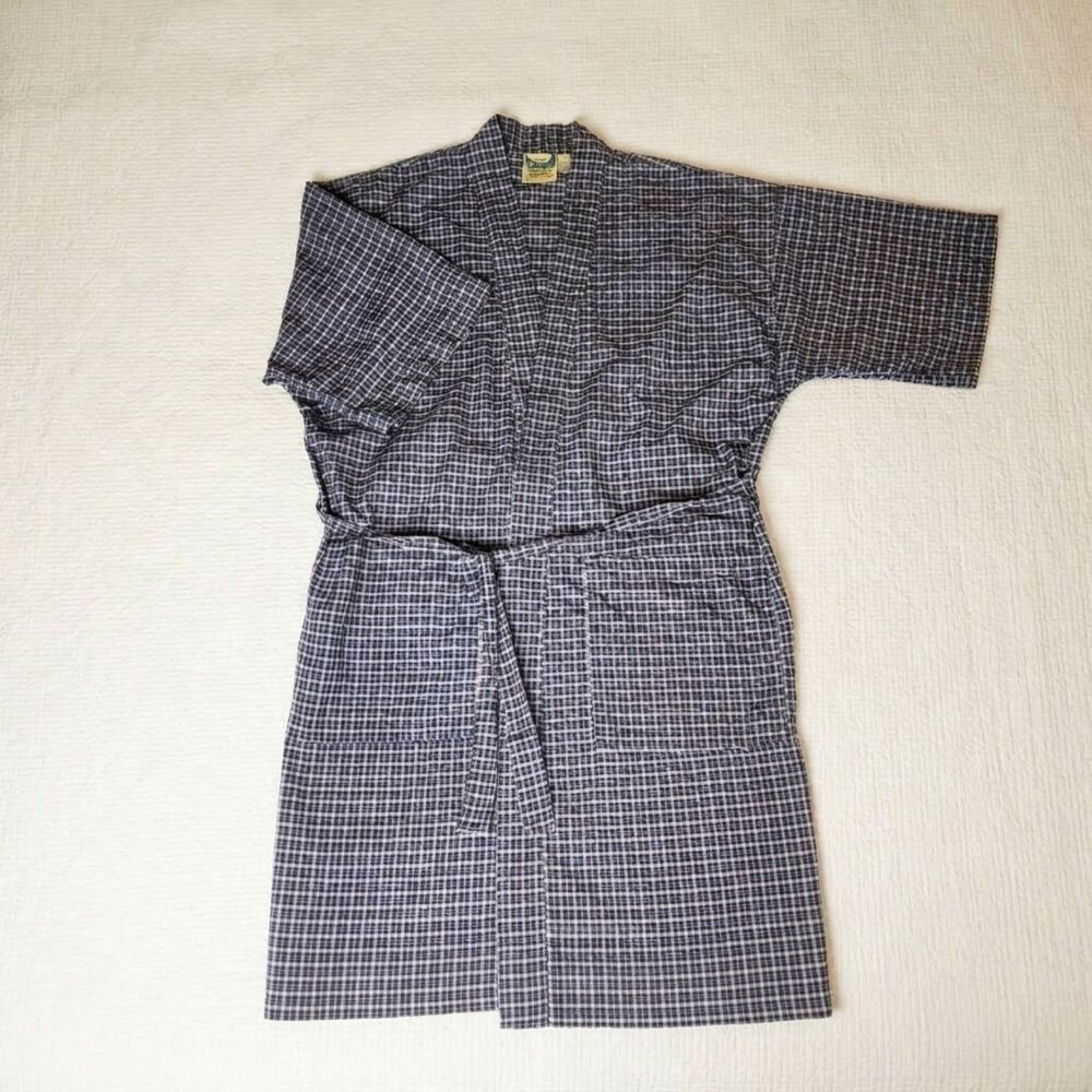 TravelSmith Plaid Travel Robe L/XL Unisex Navy Beige Microfiber Lightweight